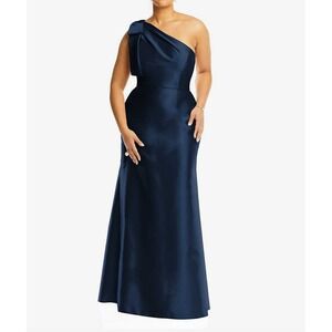 Alfred Sung Midnight Navy‎ Blue One Shoulder Bow Satin Twill Dress Size 22 D794